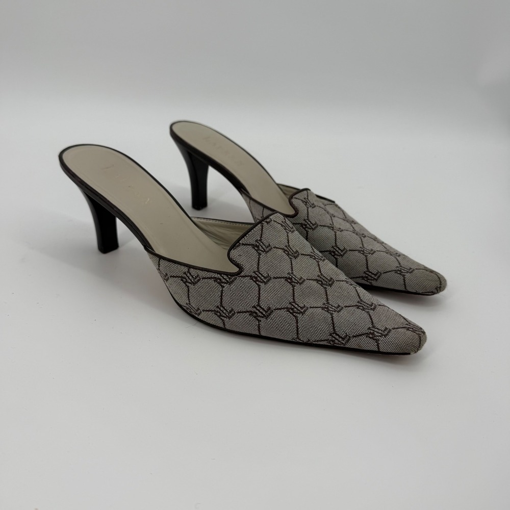 Lauren Ralph Lauren Monogram Pointed Toe Heeled Mules Brown Leather Sz